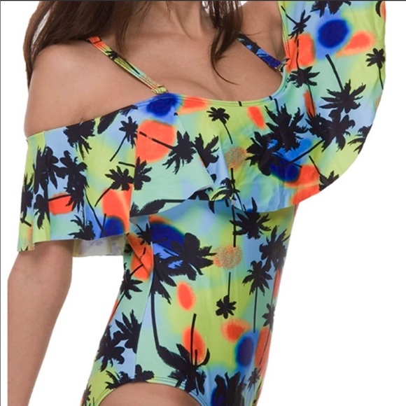 tropical Print Off The Shoulder One Piece palm tree Swimsuit NWT - Picture 3 of 7